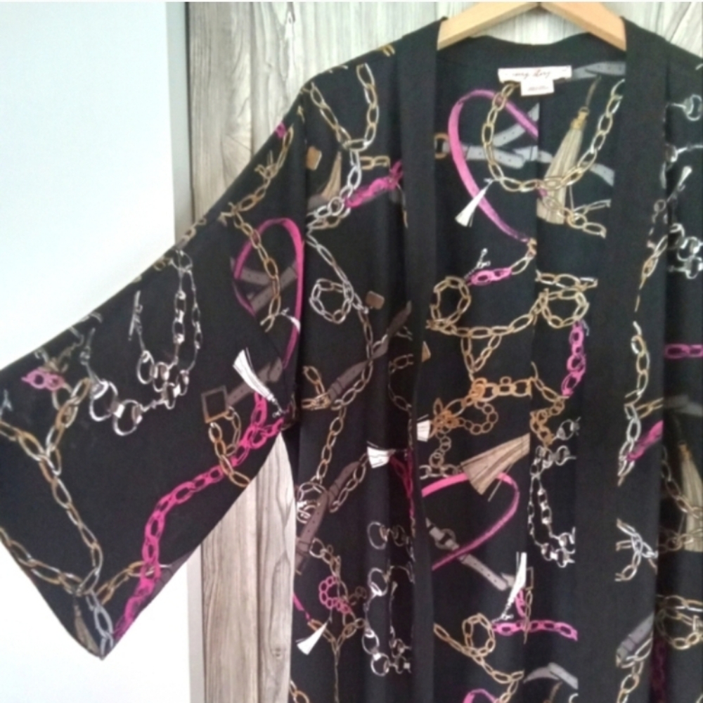 Black Gold Chain Print Open Kimono L/XL